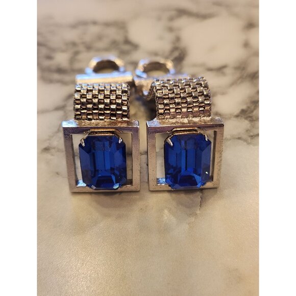 Vintage Swank Mesh Wrap Silver-Tone Blue Rhinestone Cuff Links - Picture 1 of 5